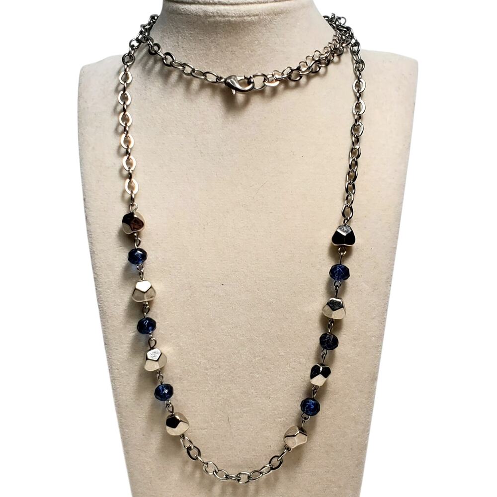 Faceted Bead Chain Necklace Lobster Closure 28" Vtg Silver Tone